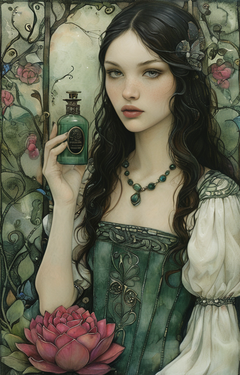 masterpiece,best quality,<lora:tbh220-sdxl:0.9>,illustration,style of Jessica Galbreth A bottle of perfume in garden