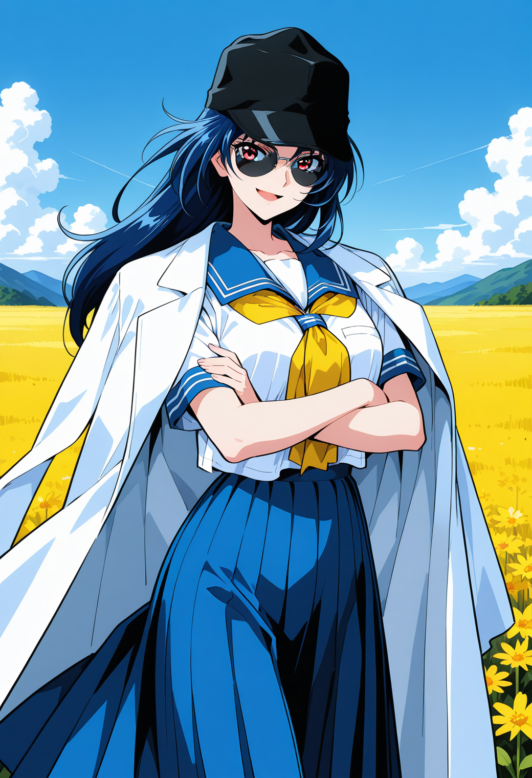 ougigaya_tetsuko, red eyes, blue hair, long hair, sunglasses, black cap, BLEAK jacket on shoulders, lab coat, school uniform, serafuku, blue sailor collar, yellow neckerchief, short sleeves, pleated skirt, blue skirt, long skirt, <lora:asuka120_ougigaya_tetsuko_illustrious_ver1:0.8> 
smile, open mouth, crossed arms,, masterpiece, best quality, sensitive,, 1girl, solo, (field:1.2), (blue sky:1.2), looking at viewer,, (cowboy shot, dynamic pose:1.4),