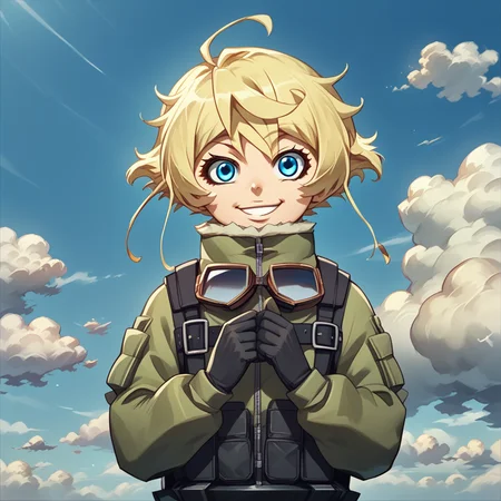 score_9, score_8_up, score_7_up,
TanyaDegurechaff, flyingsuit, 1girl, solo, looking at viewer, smile, short hair, blue eyes, blonde hair, gloves, sky, day, cloud, goggles
,score_9, source_anime
,<lora:TanyaPonyV2:0.8>