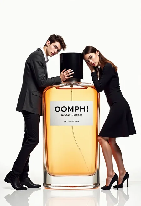 photo for a full page advertisement in a fashion magazine. The photo shows a giant perfume bottle at the center, with a young woman leaning to it from the right and a young man leaning to it from the left. The bottle is labeled "OOMPH! By Gavin Gross". The man and the woman are models wearing expensive fashionable clothes and look at the viewer with expressionless faces. The background is plain white. The overall impression is that of a glossy professional product