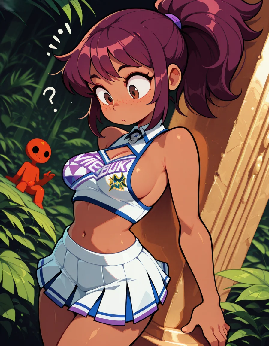1_short girl, brown eyes, long purple ponytail , freckles , dark skin tone , statuesque body , (medium breasts) , confused expression , sideboob , blue checker_pattern cheerleader uniform , posing , BREAK, jungle , wide_angle , BREAK, (vivid high contrast colors), (expressive energetic ), short cartoony simplistic angular art style mix of wakfu, (speedoru:0.6), (diives:0.7), nsfw,explicit
<lora:DarkfireToon2:0.3> <lora:last:0.5> <lora:illustrious_best_quality_v1:1> masterpiece, best quality, very aesthetic, absurdres