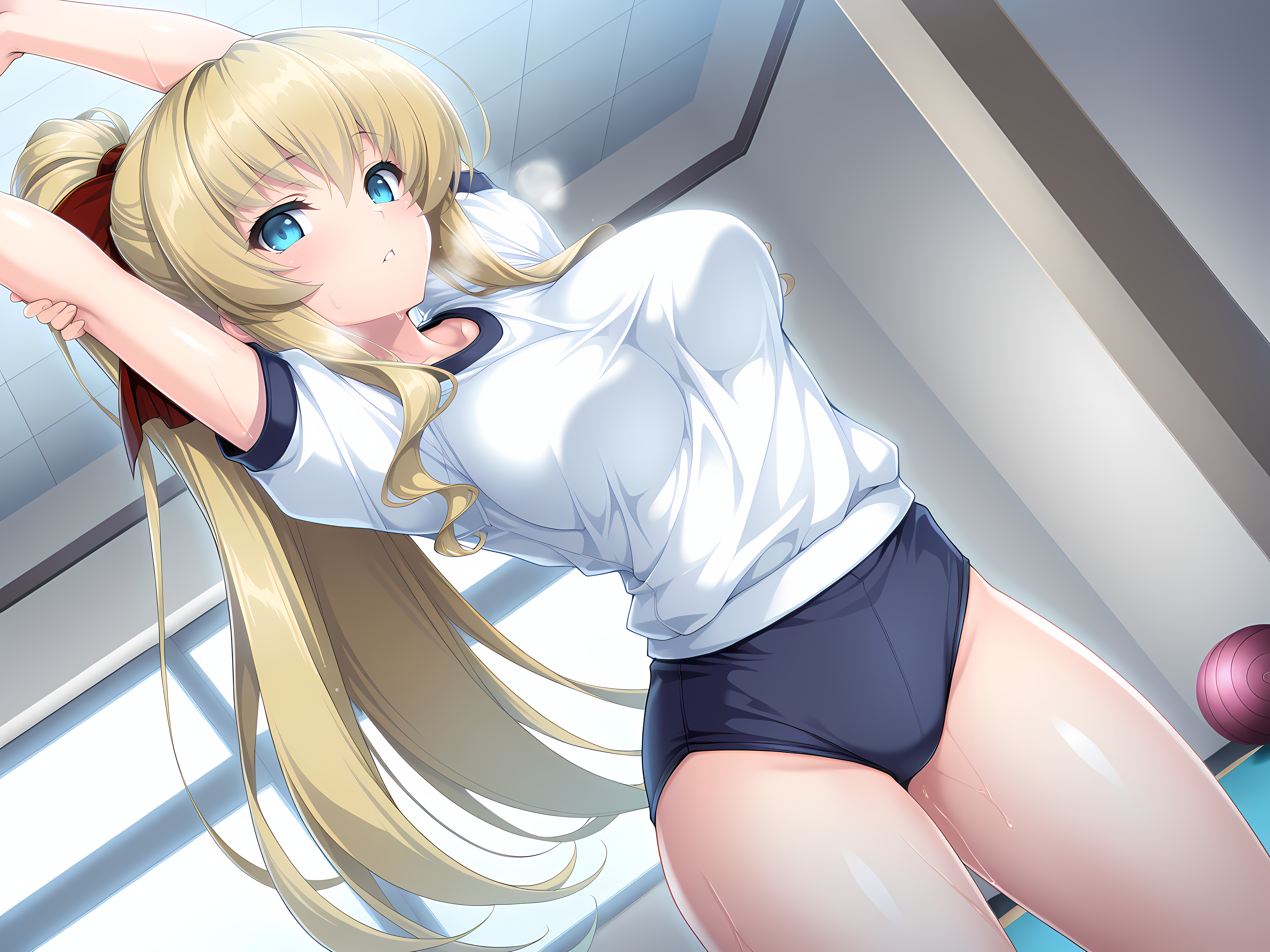 <lora:Ries_-_Illustrious:0.7>,ries,lusterise,high ponytail,casual outfit,cowboy shot,long hair,large breasts,looking at viewer,parted lips,indoors,gym uniform,yoga,stretching,exercising,heavy breathing,sweat,, masterpiece,best quality,amazing quality,