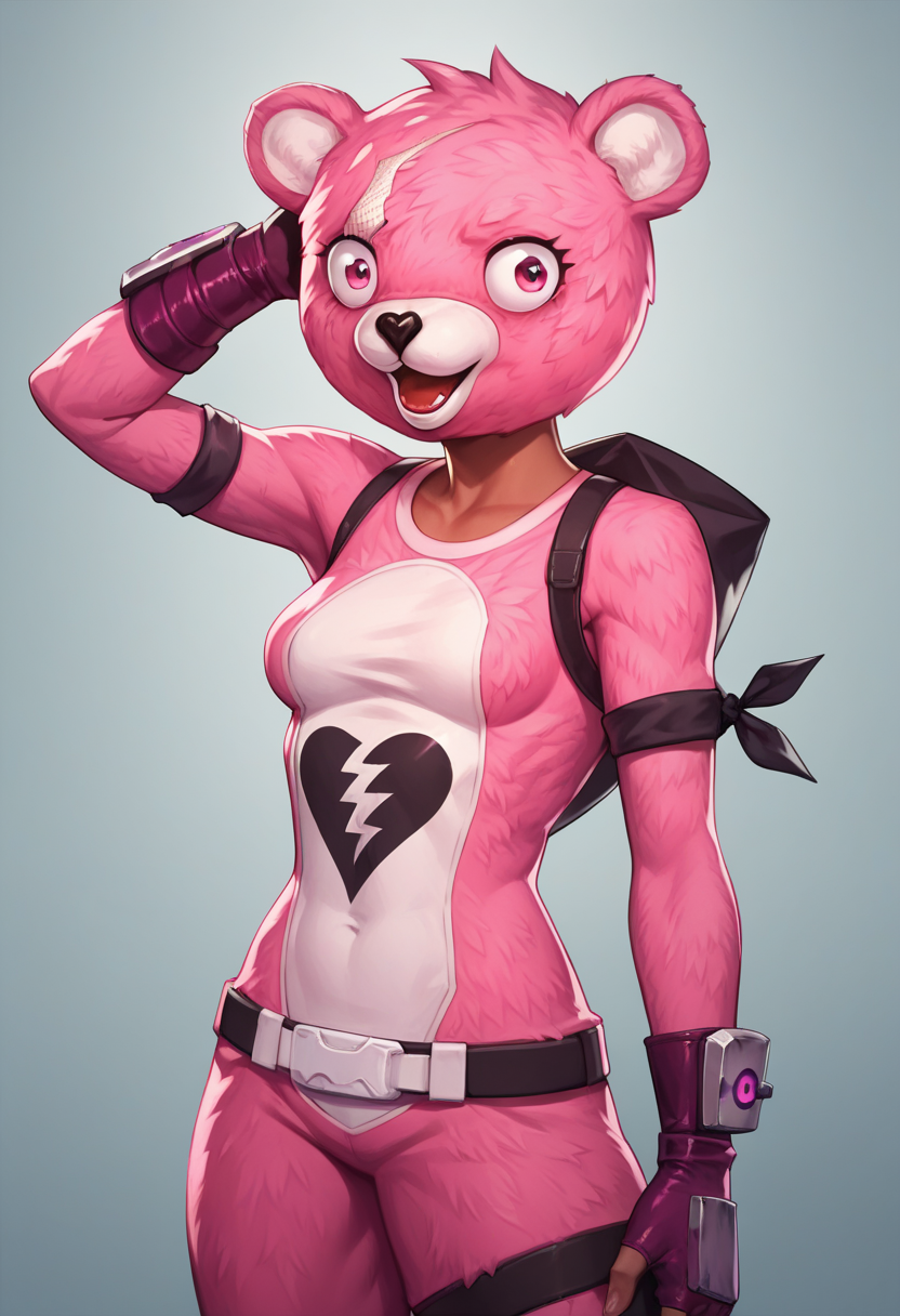 score_9, score_8_up, score_7_up, 1girl, solo, cowboy shot, small breasts, standing, looking at viewer, bodysuit, bear suit, pink fur, pink gloves, mask, broken heart symbol, pink boots, gloves, fingerless gloves, boots, bear, pink eyes, open mouth, heart, animal ears, animal costume, belt,  <lora:Cuddle_Team_Leader__Pony-000008:0.8>
