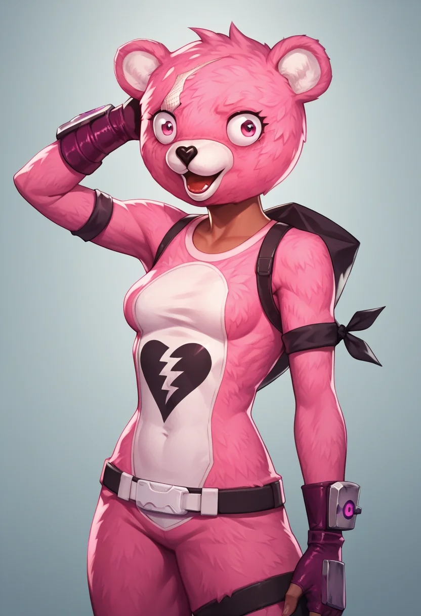 score_9, score_8_up, score_7_up, 1girl, solo, cowboy shot, small breasts, standing, looking at viewer, bodysuit, bear suit, pink fur, pink gloves, mask, broken heart symbol, pink boots, gloves, fingerless gloves, boots, bear, pink eyes, open mouth, heart, animal ears, animal costume, belt,  <lora:Cuddle_Team_Leader__Pony-000008:0.8>