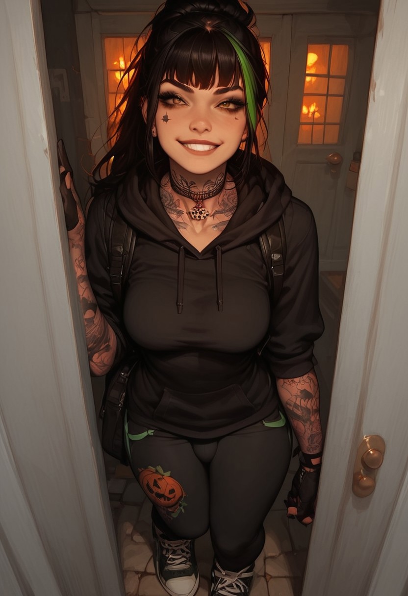 score_9, score_8_up, score_7_up, extremely detailed, sharp focus, HD, 1futa, solo, eyes open, ponytail, black hair, green streak in hair, black hair, red streak in hair, 18 years old, tattoos:1.3, arm tattoo, leg tattoo, bangs, petite, medium breasts, hoodie, hood up, halloween costume, black costume, black outfit, backpack, glove, leggings, sneakers, detailed background, outside, front door, night, halloween, vivid colours, collar, leashed collar, grinning, bossy, in charge, dominant, smirk, brown eyes,