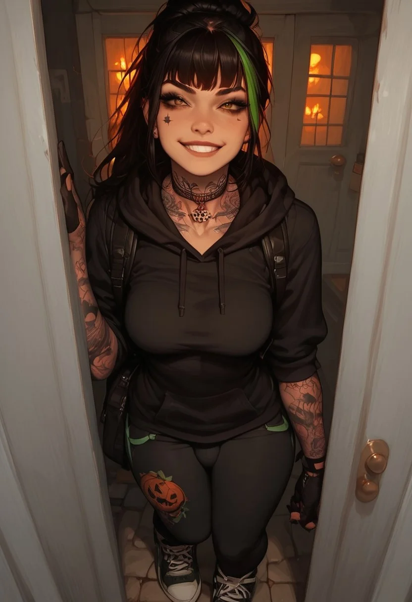 score_9, score_8_up, score_7_up, extremely detailed, sharp focus, HD, 1futa, solo, eyes open, ponytail, black hair, green streak in hair, black hair, red streak in hair, 18 years old, tattoos:1.3, arm tattoo, leg tattoo, bangs, petite, medium breasts, hoodie, hood up, halloween costume, black costume, black outfit, backpack, glove, leggings, sneakers, detailed background, outside, front door, night, halloween, vivid colours, collar, leashed collar, grinning, bossy, in charge, dominant, smirk, brown eyes,