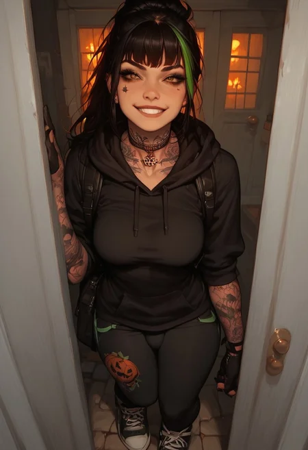 score_9, score_8_up, score_7_up, extremely detailed, sharp focus, HD, 1futa, solo, eyes open, ponytail, black hair, green streak in hair, black hair, red streak in hair, 18 years old, tattoos:1.3, arm tattoo, leg tattoo, bangs, petite, medium breasts, hoodie, hood up, halloween costume, black costume, black outfit, backpack, glove, leggings, sneakers, detailed background, outside, front door, night, halloween, vivid colours, collar, leashed collar, grinning, bossy, in charge, dominant, smirk, brown eyes,
