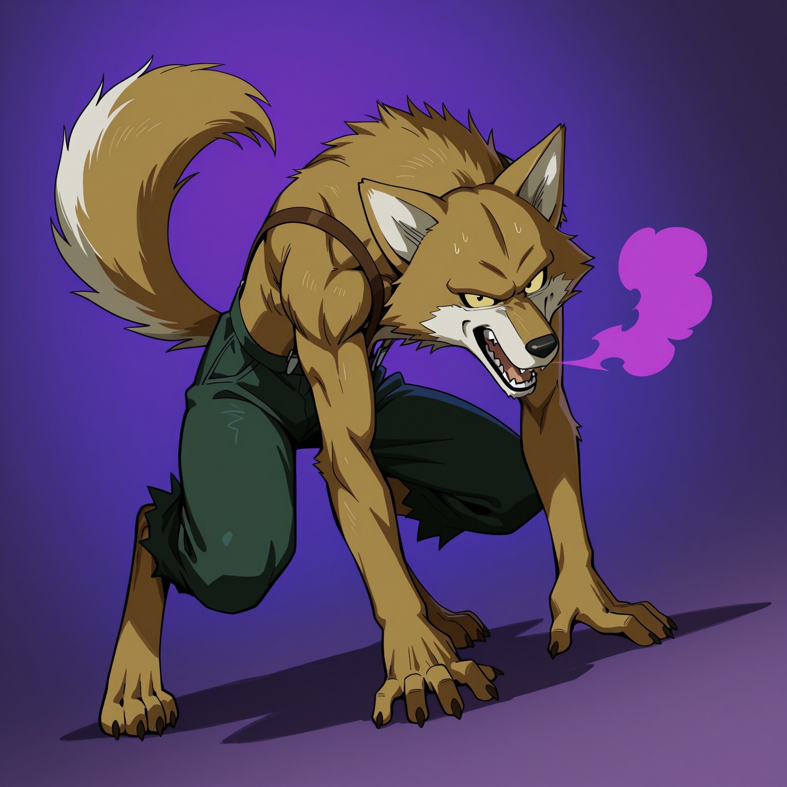 2d, male, anthro, wolf, light brown fur, white fur, two tone fur, light brown tail, yellow sclera, black pupils, black nose, animal ears, green pants, suspenders, barefoot, claws, digitigrade, hunched over

BREAK blowing, exhaling purple gas, open mouth, upper body focus, looking at viewer

BREAK best quality, amazing quality, very aesthetic, absurdres, newest, masterpiece, detailed, high quality, highres, abstract purple background