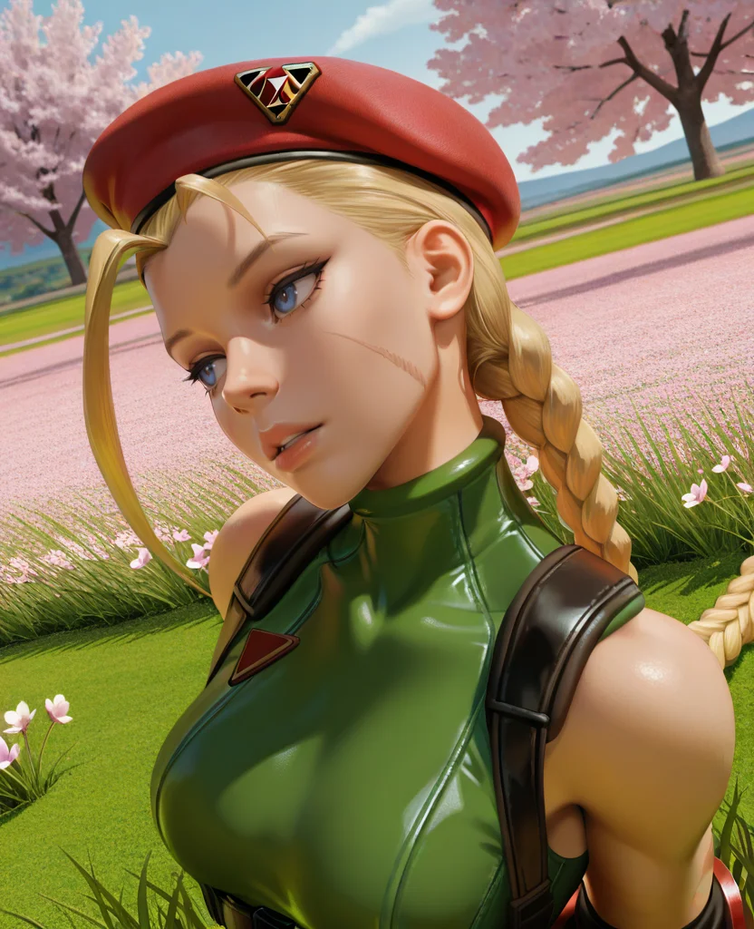 masterpiece, best quality, amazing quality, highres, absurdres, intricate detail, 3d, realistic, detailed skin,  <lora:CakiiBB_style_ILLUS-000008:0.8> ,  cammy white, beret, sleeveless, red gloves, twin braids, shoulder strap,  long hair, blonde hair,  parted lips, portrait, head tilt, from side, angle view, dynamic pose, scenery, cinematic, outdoors, grass, flower field, standing, looking afar, upper body, walking, arms behind back, cherry blossoms, scar,