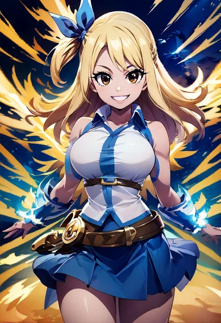 score_9, score_8_up, score_8, medium breasts, cute, eyelashes , 
aaLucy, hair ribbon, side ponytail, blonde hair, long hair, large breasts, white shirt, sleeveless, belt, blue skirt, smile, looking at viewer, 
 official art, valkyrie connect, magic, swirl, Aura, energy, glowing, swirling energy, dynamic pose,
