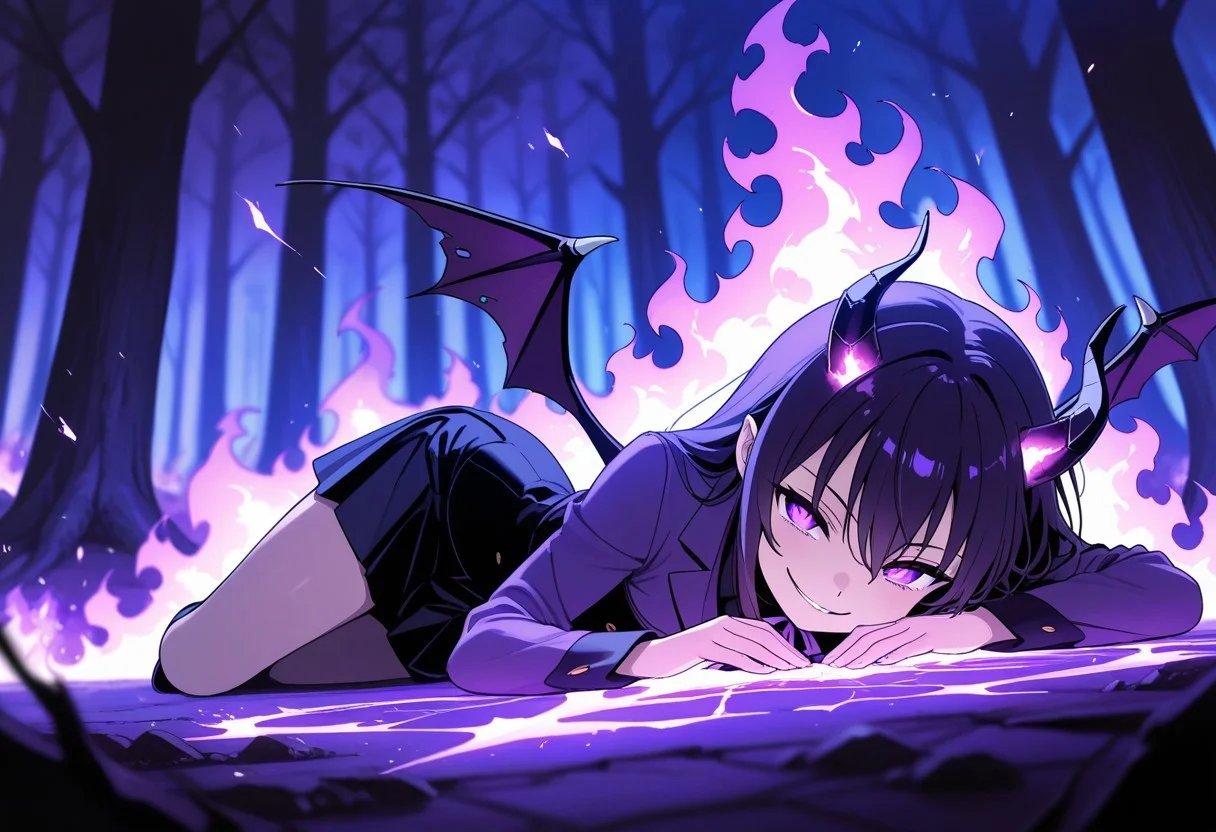 masterpiece, best quality, high quality, high details, source_anime, score_9, score_8_up, score_7_up, extremely detailed,
1girl, demon, short horns, cracked horn, small demon wings, purple eyes, bright eyes, evil smile, dinamic pose, lying, magic effects, mana around body, magic aura,
Burning forest, burning trees, purple fire, dark blurry background, cinematic light, night time, purple theme, dark colours, low angle,