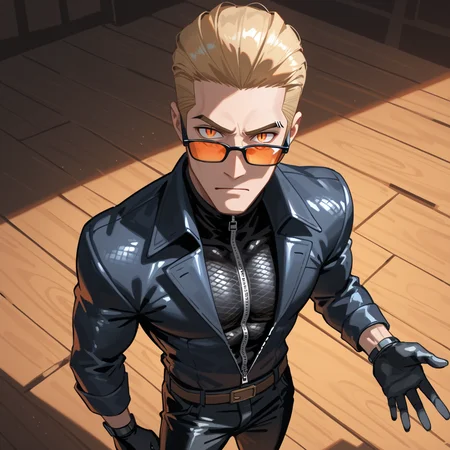 PonyScores7, source_anime, ah1, best quality, (masterpiece:1.4), (high quality:1.4), sharp focus, 4k, absurd resolution, <lora:albertwesker-guy-PONYv1:0.8> albertwesker, albert wesker, 1boy, solo, blonde, black gloves, sunglasses, belt, pants, black coat, black pants, looking at viewer, toned, athletic, fit, slicked back hair, black turtleneck, zipper, mature male, (graphene textured clothes), black boots, (visionary leader, with a vision and a plan guiding their people to a brighter future), (a shadowy dock, with narrow pathways between stacks of crates, the sound of footsteps echoing on wooden planks, and an air of secrecy), bad-hands-5, ((raised eyebrow expression)), <lora:xl_more_art-full_v1:0.2>, <lora:shinyskin2:0.2> glistening skin, <lora:aesthetic_anime_v1s:0.2>, <lora:Expressive_H:0.2> Expressiveh, <lora:hairdetailpxl:0.2> hairdetailpxl, <lora:detailxl:0.2> detailxl, (High Angle view Close shot (focus on waist)), (long sleeve tee), (focused, intense glare), slit pupils, short hair, (reddish orange eyes), best quality, amazing quality, best aesthetic, absurdres, <lora:expressive eyes:0.2> expressive eyes, <lora:eyedetailpxl:0.2> eyedetailpxl, illustration, Volumetric_Lighting, ultra-detailed, very aesthetic, intricate details, 8k, masterpiece, best_quality, (angular face, sharp_featured face),