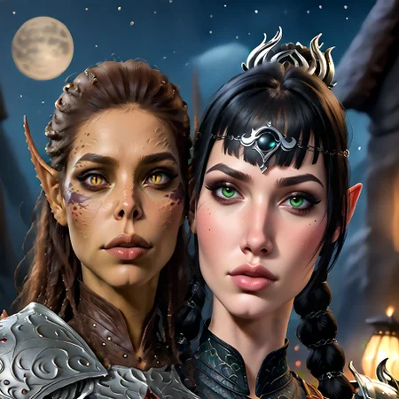 score_9,score_8_up,score_7_up,score_6_up,score_5_up,score_4_up,rating_questionable,extremely detailed,high quality,realistic,beautiful eyes,moon,night,2girls,looking at viewer
BREAK
laezel,slit pupils,armor
<lora:Laezel_PonyXL:0.7>
BREAK
shadowheart,black hair,braided ponytail,green eyes,circlet,armor
<lora:ShadowHeartXL:0.7>