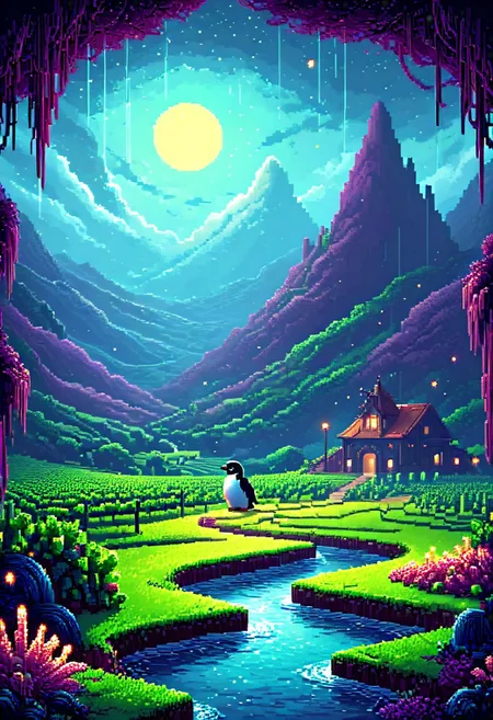 A pixel art scene depicting "The time for awe" in overcast weather, showcasing a picturesque vineyard with a captivating atmosphere. A slimy penguin sits in the foreground, surrounded by constantly circling fireflies, featuring a unique Wookiee hair style.
sci-fi, alien-worlds, eeriness, futuristic, outer-space, science-fiction, alien-themed, extraterrestrial, cosmic, otherworldly, mysterious, 
pixel-art, low-res, blocky, pixel art style, 8-bit graphics, blocky, pixelated, vibrant colors, cute, 
beautiful, painterly, artistic, aesthetic, vivid, vibrant, volumetric lighting, 
made of w00kiee, aid291, midjourneyv6.1