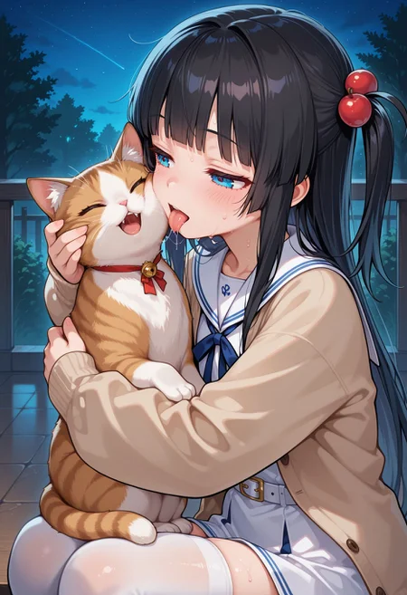 girl licking cat cheek,saliva trail,sweat,tongue,
1cat,her eyes closed,white cat,girl grabbing cat head,
hug,night,indoor,face focus,close up,
<lora:face_licking:0.8>,
1girl,solo,cute girl,cute face,kawaii,masterpiece,best quality,amazing quality,very aesthetic,absurdres,highres,pastel colors,very awa,good aesthetic,hyper details,beautiful,amazing,
BREAK
blue eyes,side hair,one side up,long hair,straight_hair,blunt bangs,bangs,black hair,hime cut,(cherry hair ornament:1.1),one_side_up,
BREAK
sailor dress,white dress,bule sailor collar,white_cropped_shirt,white belt,open clothes,puffy long sleeves,open cardigan,beige brown cardigan,sleeves past wrists,
white thighhighs,neck ribbon,
BREAK