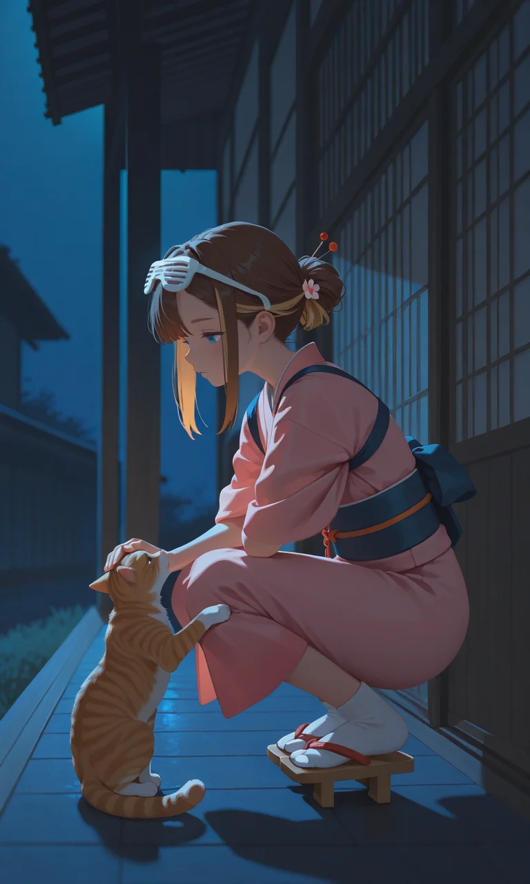 embedding:IllusP0s, g00se, no lineart, 1girl, solo, night, indoors, brown hair, blonde highlights, asymmetrical bangs, sidelocks, hairpin, hair ornament, blue eyes, pink kimono, tasuki, obi, eyewear on head, shutter shades, contrast lighting, outdoors, night, socks, geta, side view, petting cat, tabby cat, crouching,<lora:g00se_v3_ill.safetensors:1.0:1.0>