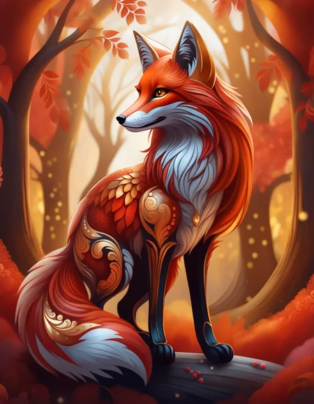 illustration, digital art concept of a fantasy fox|dragon  hybrid, red and gold colors, whimsical, fantasy, 8k, intricate details, (fluffy fur:1.2), digital art, fantasy creature,<lora:DTStyle:0.7> DTstyle,