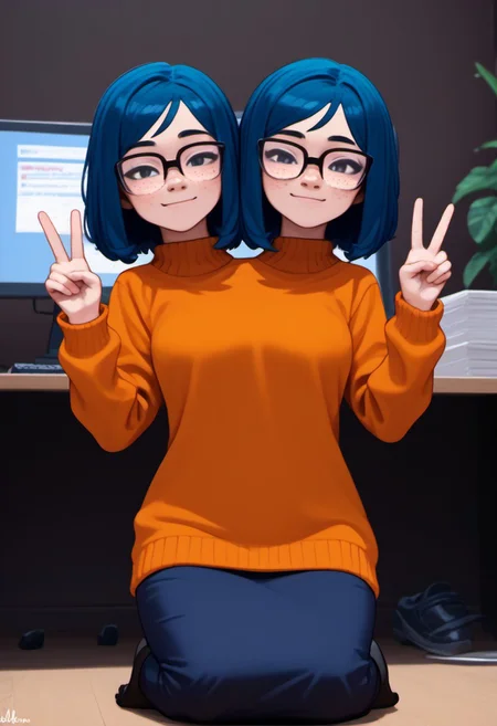 score_9_up, score_8_up, score_7_up, source_anime, blue hair, short hair, glasses, orange sweater, shorter female <lora:Mina_Beff:1>, double v sign, kneeling, office girl, monster girl with twoheads, medium hair, freckles, 2heads, extra arms, serpentine, outdoors, in a cubicle, office, stationery, trees, black scales, computer, <lora:lowlight:.5>, night, Lam1a:2, scales, snake tail, lamia, (((black snake)))