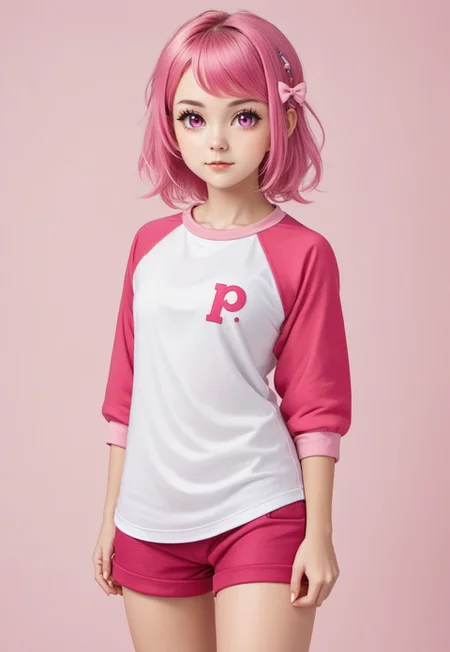 ((fullbody)) 1girl, :p, shirt, white shirt, ((raglan sleeves)), pink raglan sleeves, pink sleeves, hairclip