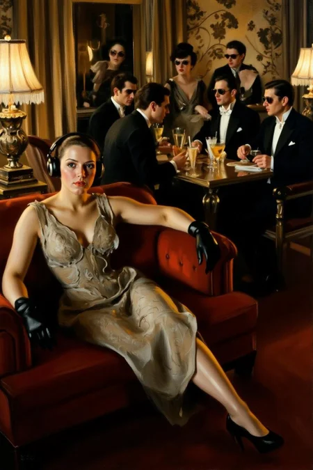 anderszorn1 painting.
A luxurious, dimly lit lounge set in 1970s Italy, exuding vintage charm and opulence. A stylish young woman in a lace dress, wearing oversized headphones, lounges on a plush velvet couch with an air of cool detachment. She dons sleek black gloves, embodying the effortless glamour of the era. In the background, a group of fashionable, well-dressed people in tailored suits and cocktail dresses sit around a table, enjoying drinks and conversation, all wearing sunglasses. The room is adorned with ornate gold decor, rich velvet textures, and the warm glow of dim lighting, evoking the chic sophistication of Italy's high society in the 1970s.
<lora:anderszorn2_cap_d6a3:1.0><lora:836656425498397667:0>