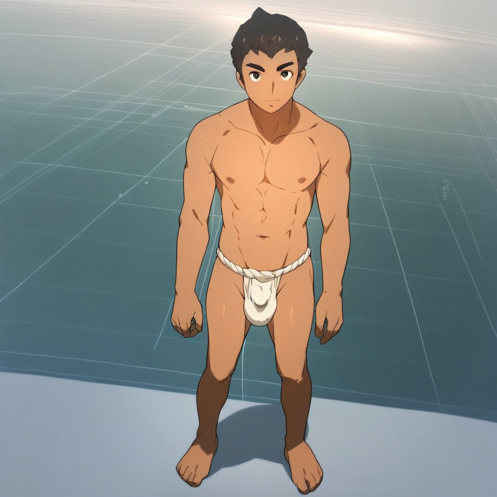 Shima, 1boy, solo, male focus, dark skin, brown hair, dark-skinned male, black hair,  fundoshi, topless male, Large Bulge, fundoshi,  score_9, score_8_up, score_7_up, score_6_up <lora:vinceteaa_020_04v2-step00000400r:1> good face, good eyes, looking at viewer, full body, standing,