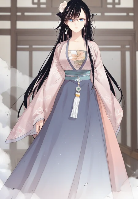 zPDXL3, score_9_up, score_8_up, score_7_up, (Anime_source),Masterpiece,(perfect female body:1.2), small waist, (incredibly detailed:1.4), slim, beautiful fingers, beautiful white skin, Beautiful clear skin, (large breasts:1.4) looking at viewer, big breasts, nayerin, 1girl, black hair, pink hair, multicolored hair, blue eyes, long hair, hair ornament <lora:Na_Yerin_-_Masters_of_Lightning_Knives-Kaleid_PONY:0.9>, hair flowers, expressionless, chinese clothes, (facing viewer:1.5) standing, long dress