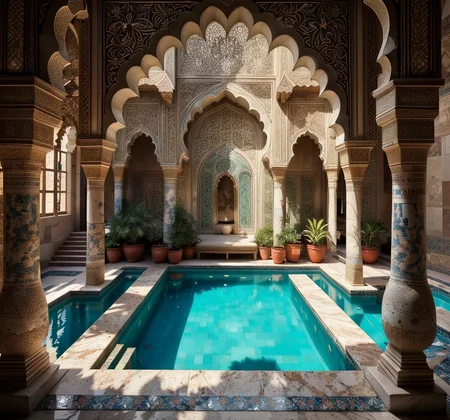 RAW photo, (masterpiece:1.3), subsurface scattering, heavy shadow, (high quality:1.4), (intricate, high detail:1.2), professional photography, HDR, High Dynamic Range, realistic, ultra realistic, photorealistic, high resolution, film photography, ambient lighting, atmospheric effects, <lora:detail_slider_v4:2>, OverallDetail, a large arabian room with a pool, ArIn, <lora:ArabianInteriors-10:1>, epiCPhoto