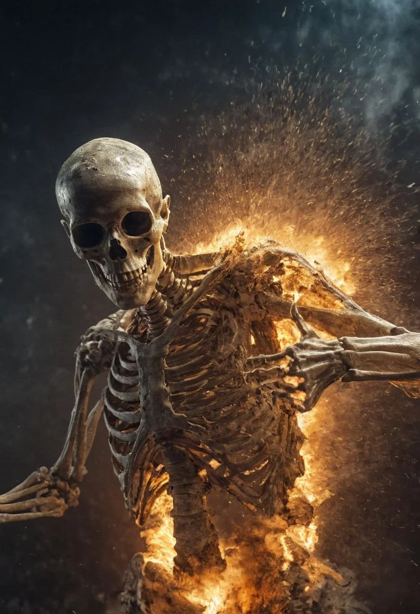 collision style, impact, Closeup, thumb-up, standing in the blast wave of a nuclear explosion, a skeleton whose clothes and skin have just been torn from his body. thumb up pose,
very detailed, hd, RAW photograph, masterpiece, top quality, best quality, official art,highest detailed, atmospheric lighting, cinematic composition, complex multiple subjects, 4k HDR, vibrant, highly detailed, Leica Q2 with Summilux 35mm f/1.2 ASPH, Ultra High Resolution, wallpaper, 8K, Rich texture details, hyper detailed, detailed eyes, detailed background, dramatic angle, epic composition, high quality , (8k, RAW photo, highest quality), hyperrealistic,