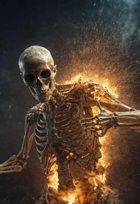 collision style, impact, Closeup, thumb-up, standing in the blast wave of a nuclear explosion, a skeleton whose clothes and skin have just been torn from his body. thumb up pose,
very detailed, hd, RAW photograph, masterpiece, top quality, best quality, official art,highest detailed, atmospheric lighting, cinematic composition, complex multiple subjects, 4k HDR, vibrant, highly detailed, Leica Q2 with Summilux 35mm f/1.2 ASPH, Ultra High Resolution, wallpaper, 8K, Rich texture details, hyper detailed, detailed eyes, detailed background, dramatic angle, epic composition, high quality , (8k, RAW photo, highest quality), hyperrealistic,