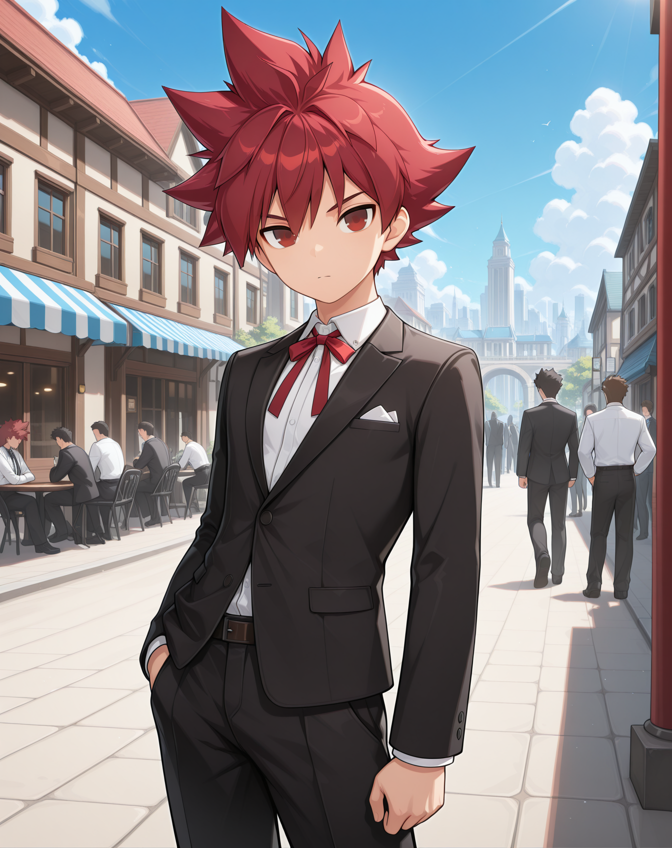 masterpiece,best quality,amazing quality, newest, very aesthetic, absurdres,
1boy, solo, yaoi, male focus, looking at viewer, cowboy shot, standing,
<lora:Elsword_Base_ilxl:1> elswordbase, red eyes, spiked hair, red hair,
formal, tuxedo, neck ribbon, white shirt, collared shirt, black pants, shoes, black footwear, suit jacket, black jacket,
outdoors, day, blue sky, building, people,