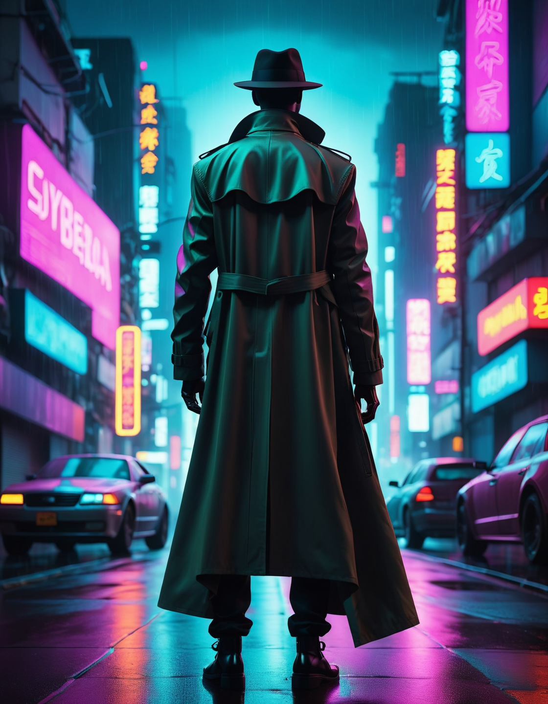 A figure clad in a trench coat and fedora, silhouetted against the neon lights of a rainy city street., (futuristic Neon cyberpunk synthwave cybernetic :1.3)