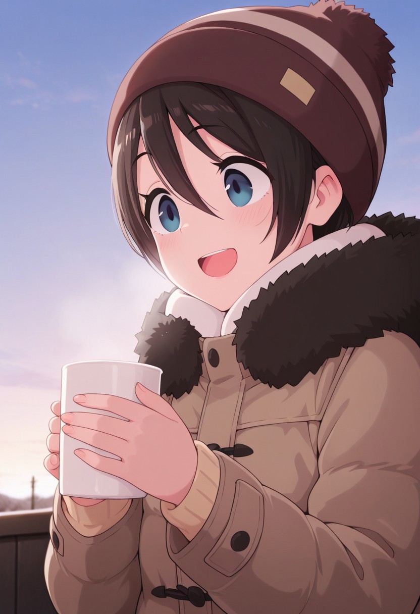 masterpiece,best quality,amazing quality,saito ena, dark brown hair, blue eyes, short hair, 1girl, solo, cup, open mouth, smile, hat, holding, sky, holding cup, hair between eyes, coat, :d, winter clothes