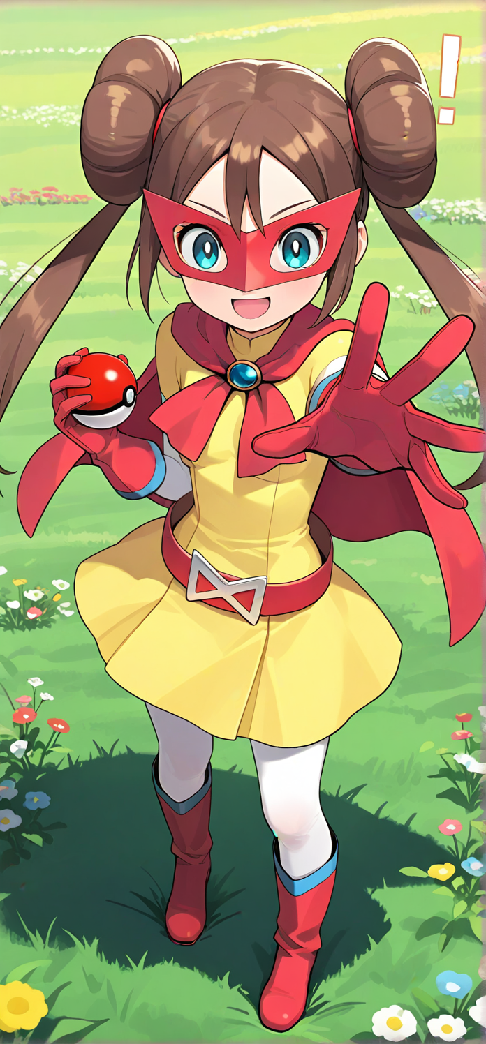 2d, masterpiece, best quality, amazing quality, 1girl, solo, close-up, standing, open mouth, smile, exclamation mark, stretched arm, full body,holding pokeball, looking at viewer, meadow, day,rosagirl, brown_hair, blue_eyes, double_bun, twintails, superhero, yellow_dress, white_sleeves, red_cape, domino_mask, red_mask, red_gloves, belt, white_pantyhose, red_footwear, knee_boots