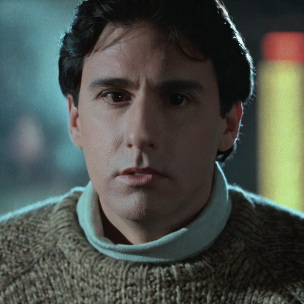 Horror-themed,  <lora:Fright Night 1985 Film Style:1>
Cinematic Closeup Shot Film Footage captured by Panavision Cameras and Lenses, Jerry Dandrige a man in a turtle neck sweater looks off to the side with blur background Fright Night 1985 Film Style, Eerie, unsettling, dark, spooky, suspenseful, grim, highly detailed