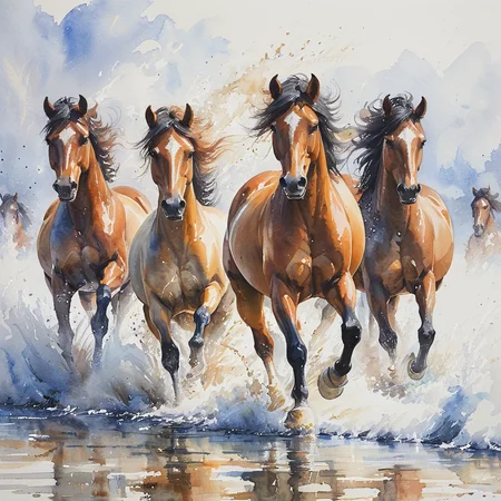 masterpiece, best quality, <lora:add-detail-xl:1> <lora:ArsMJStyle_-_Watercolor_SD_1.5_Pony:0.8> ArsMJStyle, Watercolor A dynamic action scene of horses galloping through shallow water, kicking up spray and foam.