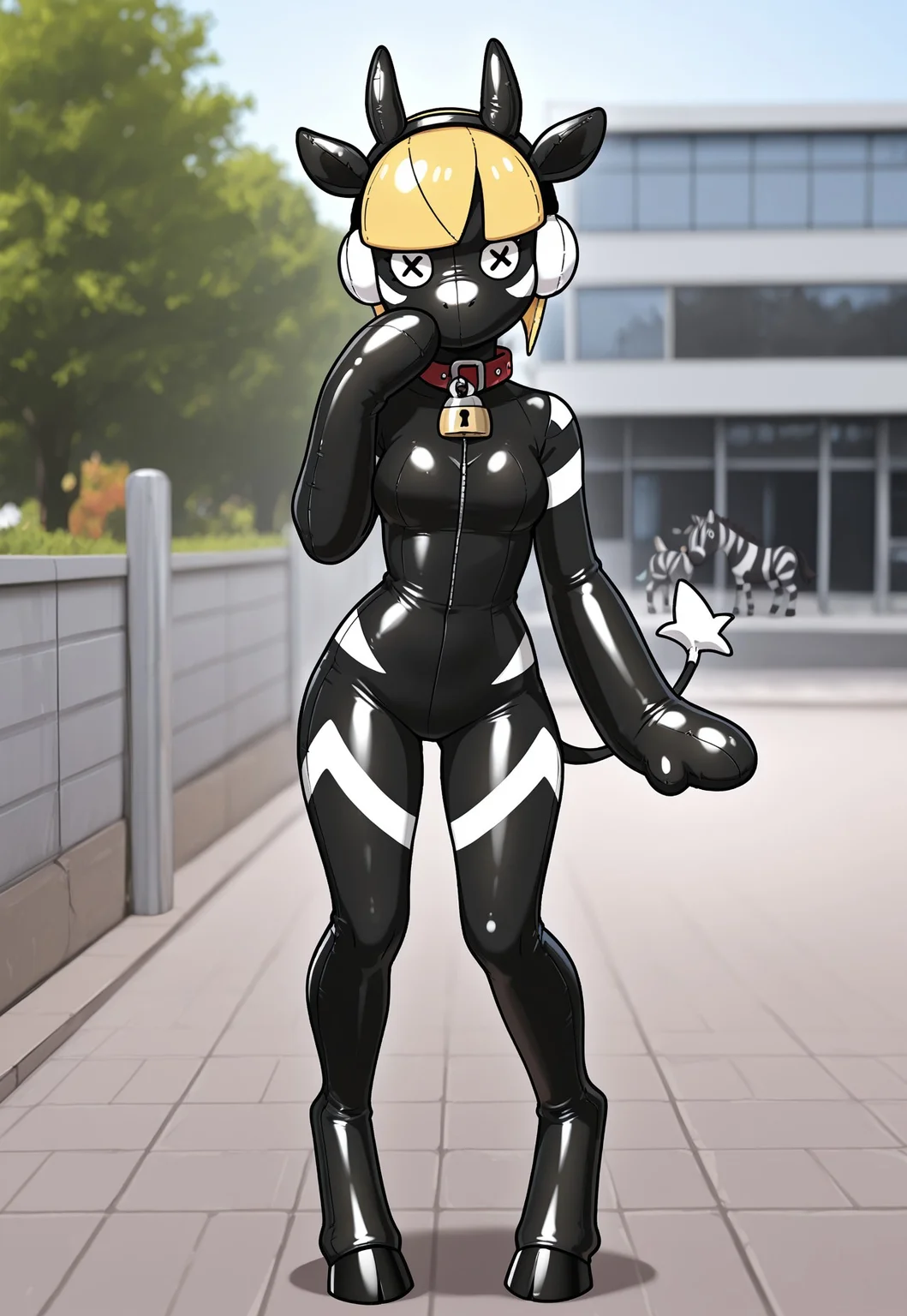 masterpiece, high quality, score_9, score_8_up, score_7_up, solo,1girl, shiny, b1el3, blonde hair, blunt bangs, short hair, headphones,, black latex skin, living inflatable, bylivinginflatable, animate inanimate, living plushie, collar, zipper, public background, outdoors, [black bag over head::0.1],Zebstrika, mask,(button eye):2.5), cosplay, covered face, padlock, animal collar, covered neck, full body, horse hooves, zebra stripes, snout