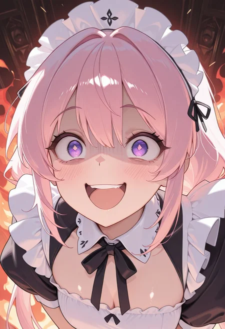 (masterwork, masterpiece, best quality, hyper-detailed, 8k uhd:1.4) 1girl,solo, CivChan, pink hair, purple eyes, maid uniform, laughing, sparkling eyes, crazy eyes, surrounded by flames, broken robot parts, <lora:CivChan_Illustrious:1> quality: masterpiece, extremely aesthetic, highly detailed, dynamic composition,