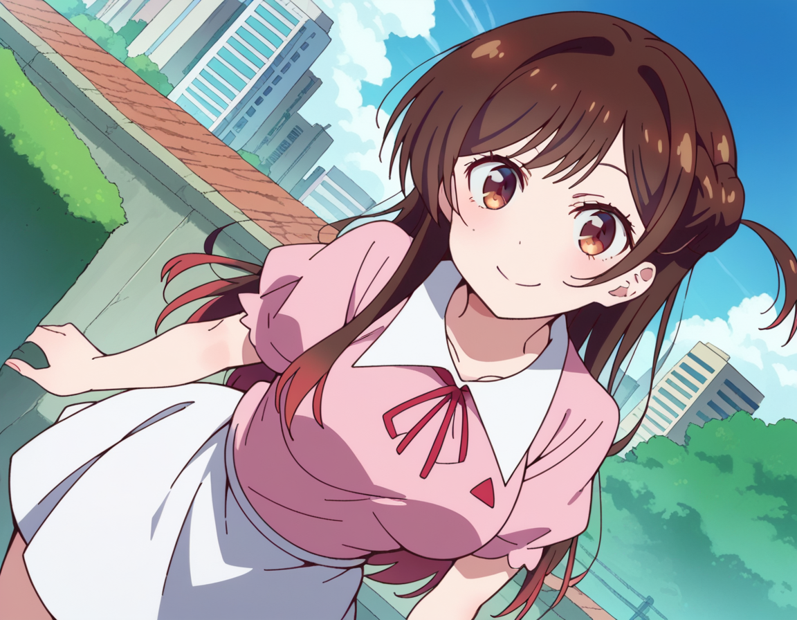 score_9, score_8_up, score_7_up, source_anime,
chizuruichinose, <lora:chizuru-ichinose-s1-ponyxl-lora-nochekaiser:1>,
chizuru ichinose, long hair, bangs, brown hair, brown eyes, one side up,
skirt, shirt, short sleeves, puffy sleeves, puffy short sleeves, white skirt, pink shirt,
outdoors, cityscape, smile, bent over,
looking at viewer, cowboy shot, solo, dutch angle,