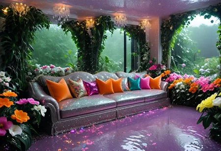 Light mood masterpiece photography, realistic, realistic photograph, large living room, glitter, crystal chandelier, rain inside living room, floor is water, flowers, trees, indoors, pond, wet flowers, glitter flowers, damp, pond inside living room, luxurious living room, room, sequin pillows, Lisa Frank inspired, rainy scene indoors, fancy furniture, Lisa Frank colors, purple walls, vines on walls, Lisa Frank inspired, bedazzled lamps, stained glass windows, disco ball, maximalism, orange couch pillows, flowers on couch, maximalist room, three couches soft rug, neon rug, like room from Howl's Moving Castle, beaded curtains, crystal room decor, lots of clothes, 2000s, fuzzy beanbag, armchair, silver armchair, books