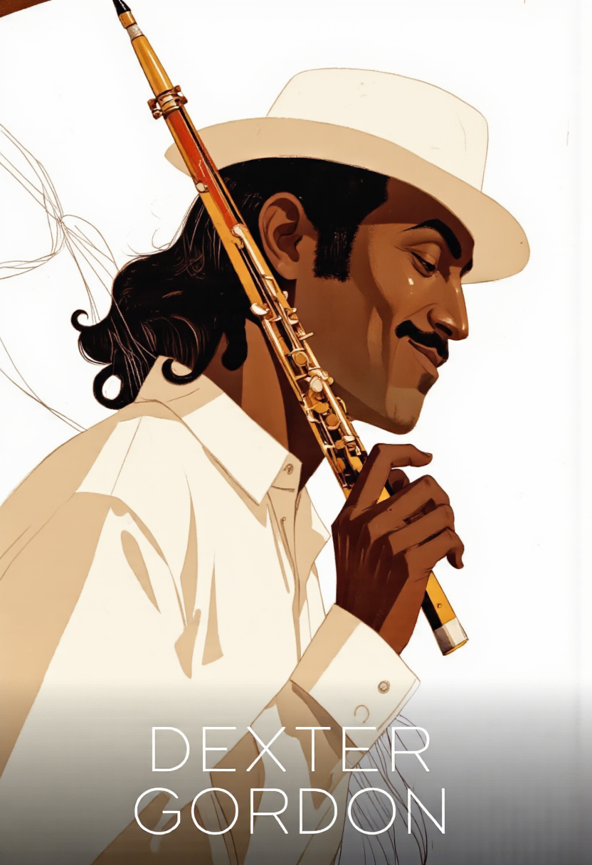 Cinematic photo. A minimalistic poster featuring a stylized portrait of Dexter Gordon, a jazz musician, holding a saxophone. the poster has a minimalist design with a white background and the text "dexter gordon" at the bottom. on the middle of the image, a man with dark brown skin, wearing a white hat and a white shirt, is positioned in profile, facing the viewer with a slight smile on his face. he has long, dark hair and a mustache, and is holding a flute in his right hand. the man appears to be in his mid-twenties, with a slim body and a relaxed expression. his eyes are closed, and his mouth is slightly open, as if he is about to play the instrument. he is positioned on the left side of the poster, and the background is simple and minimalistic, with no other elements present. the overall color scheme is predominantly brown and white, with bold lines and geometric shapes that create a sense of sophistication and elegance.