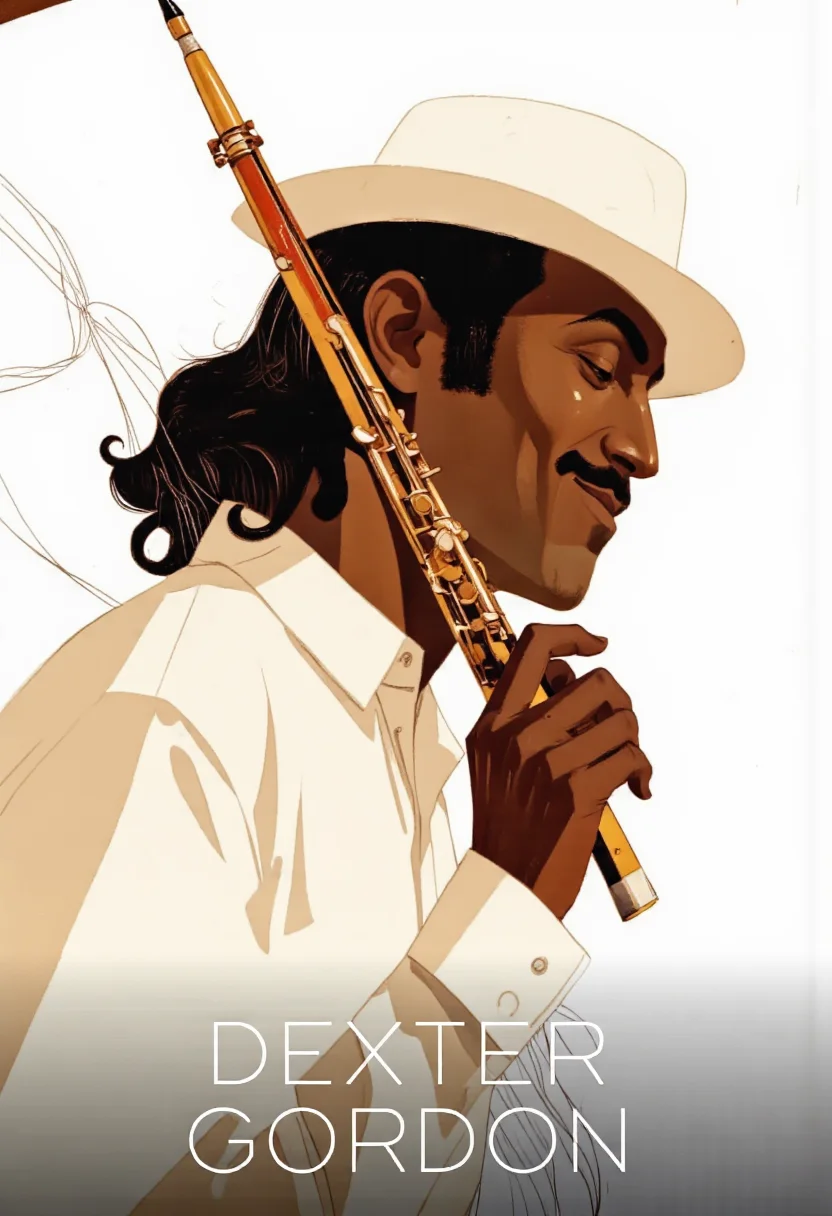 Cinematic photo. A minimalistic poster featuring a stylized portrait of Dexter Gordon, a jazz musician, holding a saxophone. the poster has a minimalist design with a white background and the text "dexter gordon" at the bottom. on the middle of the image, a man with dark brown skin, wearing a white hat and a white shirt, is positioned in profile, facing the viewer with a slight smile on his face. he has long, dark hair and a mustache, and is holding a flute in his right hand. the man appears to be in his mid-twenties, with a slim body and a relaxed expression. his eyes are closed, and his mouth is slightly open, as if he is about to play the instrument. he is positioned on the left side of the poster, and the background is simple and minimalistic, with no other elements present. the overall color scheme is predominantly brown and white, with bold lines and geometric shapes that create a sense of sophistication and elegance.