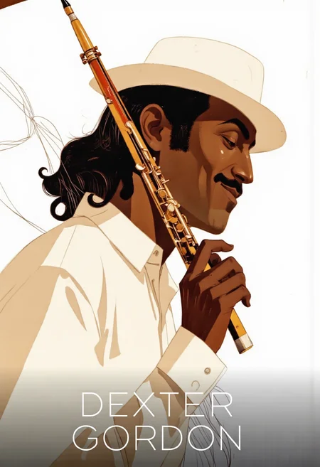 Cinematic photo. A minimalistic poster featuring a stylized portrait of Dexter Gordon, a jazz musician, holding a saxophone. the poster has a minimalist design with a white background and the text "dexter gordon" at the bottom. on the middle of the image, a man with dark brown skin, wearing a white hat and a white shirt, is positioned in profile, facing the viewer with a slight smile on his face. he has long, dark hair and a mustache, and is holding a flute in his right hand. the man appears to be in his mid-twenties, with a slim body and a relaxed expression. his eyes are closed, and his mouth is slightly open, as if he is about to play the instrument. he is positioned on the left side of the poster, and the background is simple and minimalistic, with no other elements present. the overall color scheme is predominantly brown and white, with bold lines and geometric shapes that create a sense of sophistication and elegance.