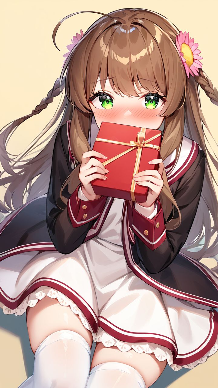 masterpiece,best quality,very aesthetic,absurdres, <lora:XL kanbe_kotori:1>,1girl,kanbe_kotori,solo,Standing on the ground,frontal,front view,Positive por,masterpiece,best quality,very aesthetic,absurdres, kanbe_kotori, 1girl, solo, heart, yellow background, holding, frills, thighhighs, white thighhighs, blush, school uniform, looking at viewer, ahoge, flower, simple background, hands up, box, holding gift, valentine, pink flower, jacket, gift, zettai ryouiki, eyelashes, feet out of frame, shy, black jacket, holding box, sidelocks, covering own mouth, coat