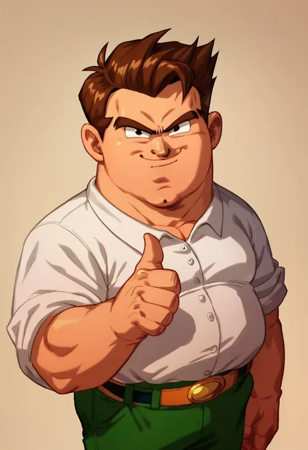 score_7_up, score_8_up, score_9_up, (((thumbcurse))), 1guy, solo, peter, (((male focus))), (((upper body))), fat, fat man, collared shirt, green pants, belt, white shirt, brown footwear, brown hair, closed mouth, looking at viewer, smile, thumbs up
