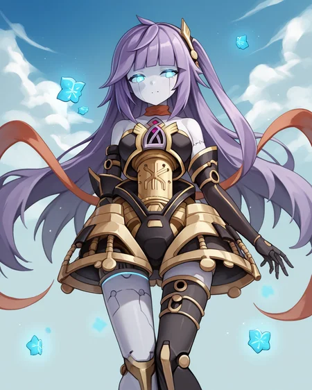 score_9, score_8_up, score_7_up, score_6_up, score_5_up, score_4_up, BREAK source_anime,<lora:add-detail-xl:1>,<lora:Expressive_H:1>,
<lora:Orphegol Galatea _1PONY:1>,orphegol galatea, 1girl, solo, long hair, purple hair, blunt bangs,Blue glowing eyes, android, joints, hair ornament, colored skin, bare shoulders, duel monster, elbow gloves, asymmetrical legwear,