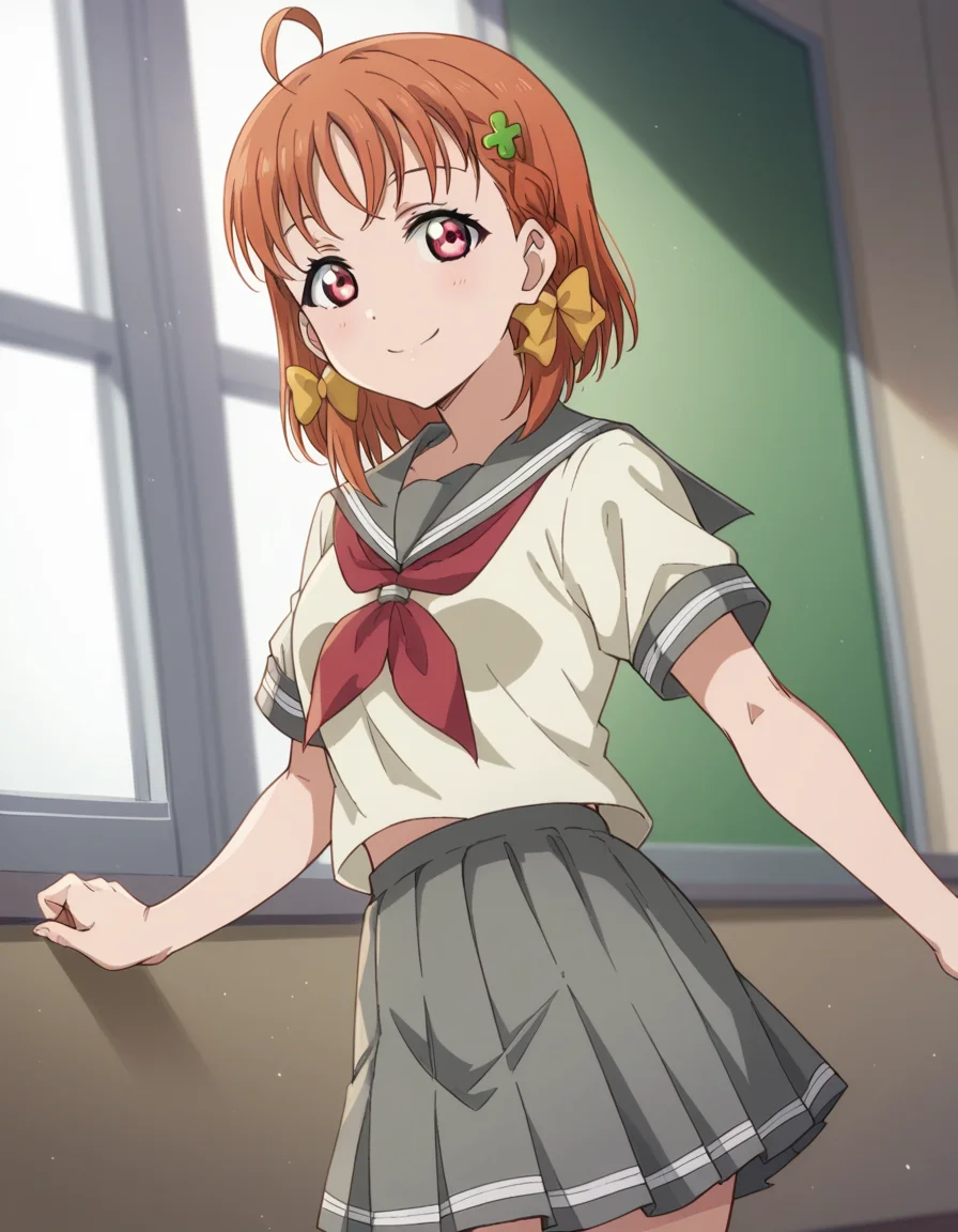 score_9, score_8_up, score_7_up, source_anime, <lora:chika-takami-s2-ponyxl-lora-nochekaiser:1>, chika takami, short hair, hair ornament, red eyes, bow, braid, ahoge, hair bow, orange hair, side braid, yellow bow, clover hair ornament,, skirt, school uniform, short sleeves, pleated skirt, serafuku, socks, neckerchief, kneehighs, black socks, red neckerchief, grey skirt, uranohoshi school uniform,, indoors, smile, looking at viewer, solo,, cowboy shot, dutch angle