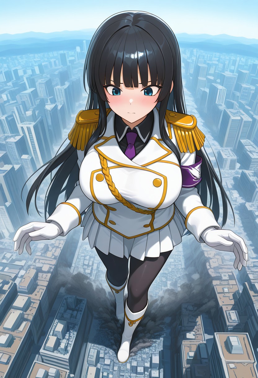 , giantess, full body view, foreshortening, foreshortening, Giantess, City,
aroused , blushing, masterpiece, score_9, score_8_up, score_7_up, score_6_up, score_5_up, score_4_up, 1girl, Ikaruga_XL, long black hair, blunt bangs, hime cut, dark blue eyes, large breasts ,Ikaruga_Shinobi, white military uniform, golden buttons, golden epaulettes, black shirt, purple tie, long sleeves, armband, white gloves, white pleated skirt, black pantyhose, white knee boots
<lora:giantess-ponyxl-lora-nochekaiser:1> giantess, giant, city, building, outdoors, destruction,