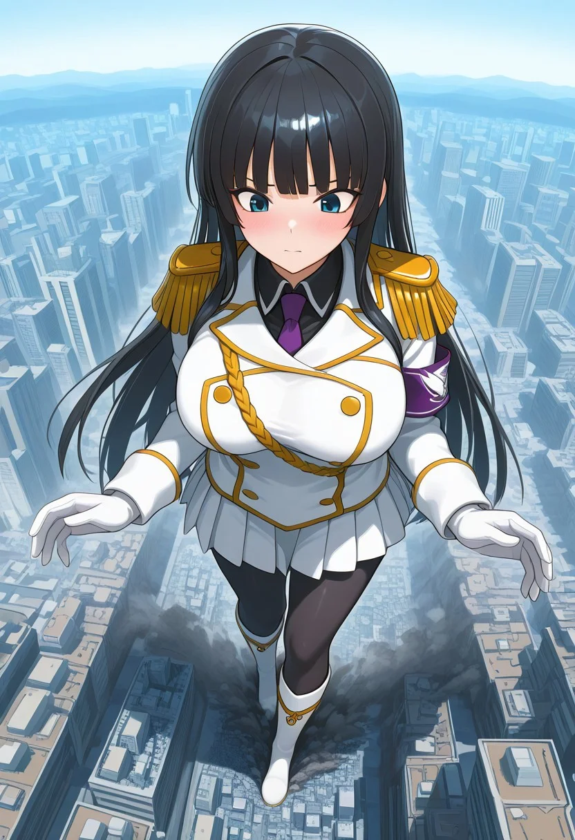, giantess, full body view, foreshortening, foreshortening, Giantess, City,
aroused , blushing, masterpiece, score_9, score_8_up, score_7_up, score_6_up, score_5_up, score_4_up, 1girl, Ikaruga_XL, long black hair, blunt bangs, hime cut, dark blue eyes, large breasts ,Ikaruga_Shinobi, white military uniform, golden buttons, golden epaulettes, black shirt, purple tie, long sleeves, armband, white gloves, white pleated skirt, black pantyhose, white knee boots
<lora:giantess-ponyxl-lora-nochekaiser:1> giantess, giant, city, building, outdoors, destruction,
