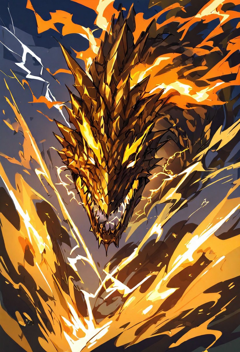 SK3, beautiful, fantasy, portrait, a chinese dragon made out of Jed-StickyN, rolling into the sky, flying fiery colors, deep green, electric yellow, molten golden edges, gold trim, beautiful, thunder, bolt, flash, lightning, simple sketch, sharp shadows, sfw