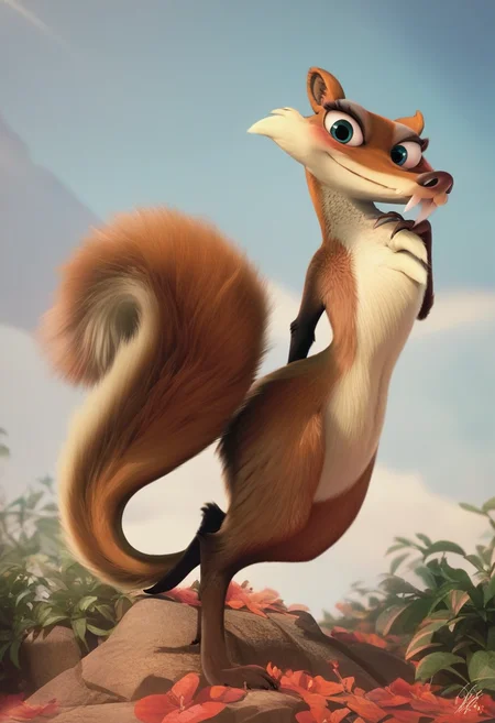 zPDXL, score_9,score_8_up,score_7_up,_up, best quality, amazing quality, masterpiece, 1girl, looking at viewer, solo, fullbody,  blush,  <lora:Scratte-04:1>, scratte,  squirrel,  fangs,  saber-toothed,  blue eyes, fluffy tail, red-brown fur